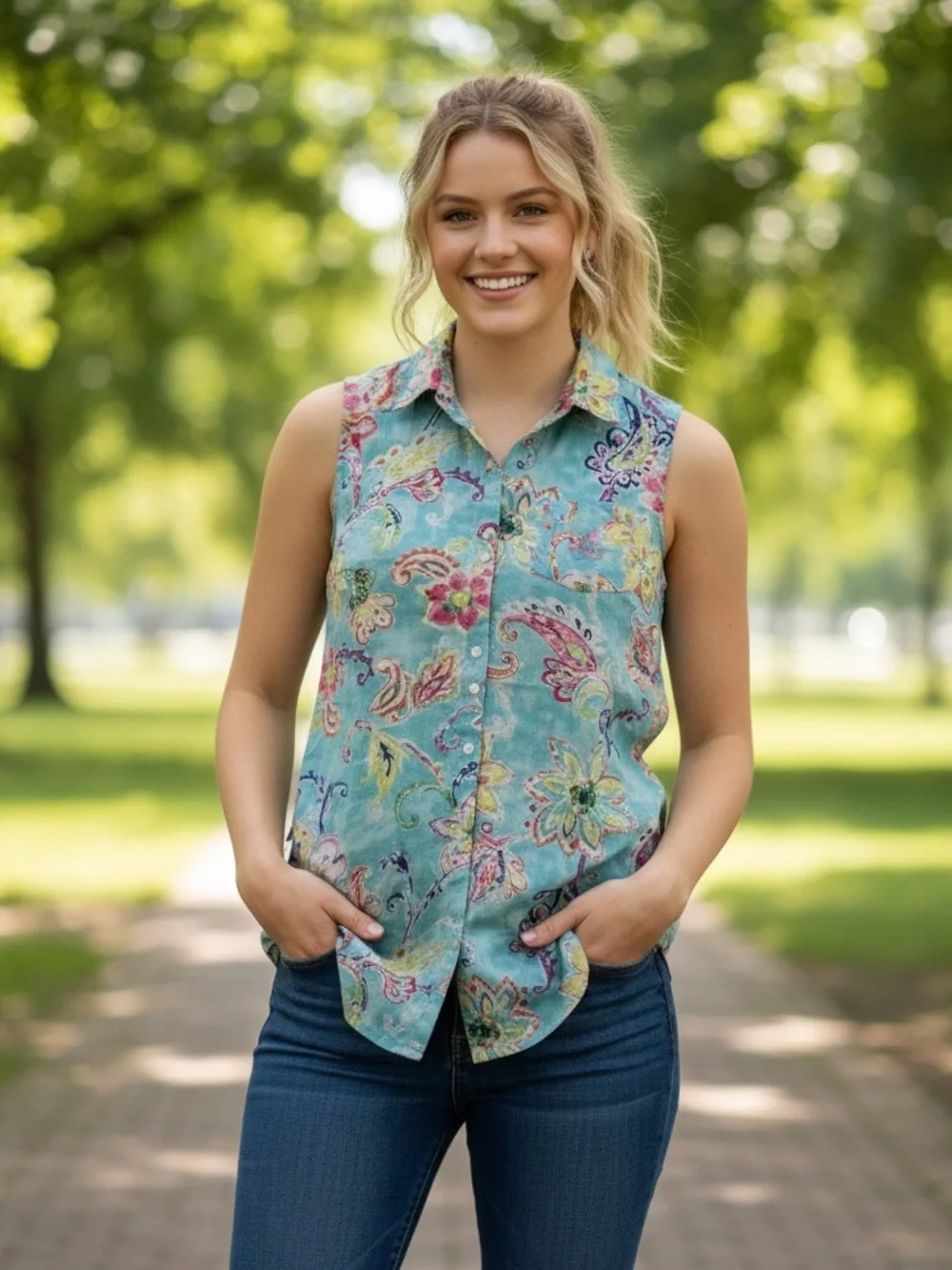 Lauren Ralph Lauren Sleeveless Paisley
Floral Button Down Shirt (Size L) - Picture 4 of 16